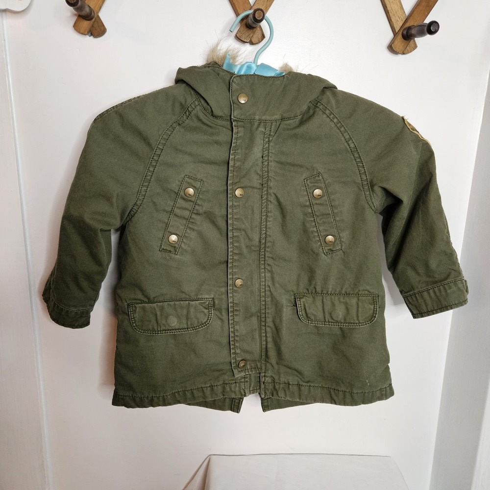 Zara Baby Boy Army Green Faux Fur Hooded Winter Jacket Coat Size 18 24 Months